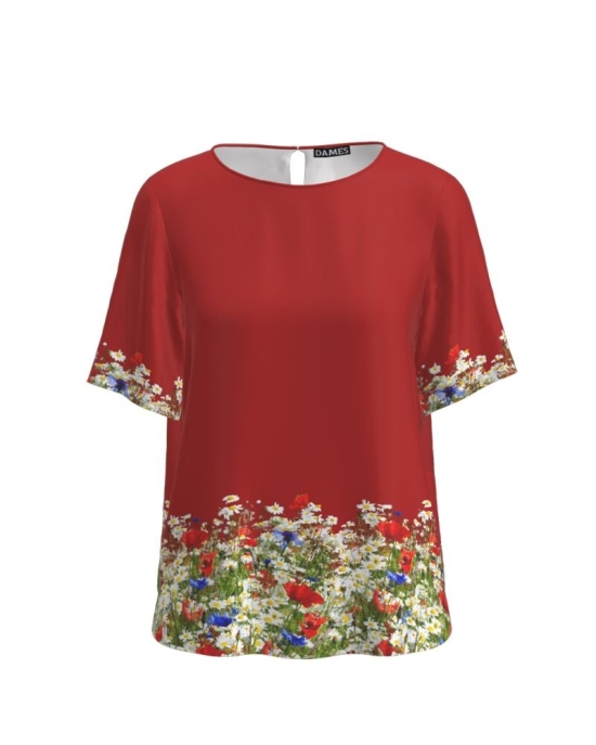 Bluza rosie de vara cu maneca scurta imprimata Flori de camp CMD765