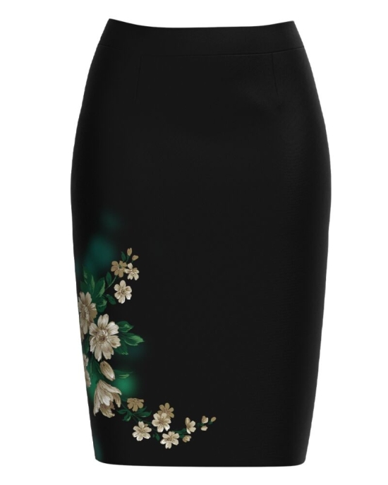 Fusta conica neagra imprimata cu model floral CMD2688
