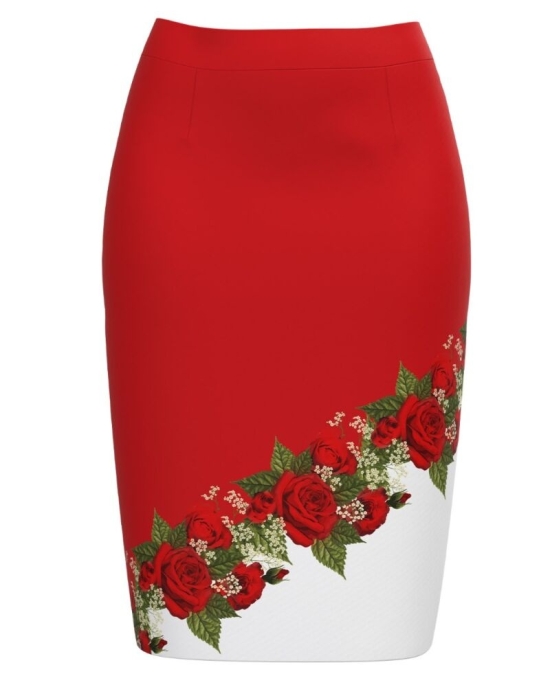 Fusta conica rosie imprimata cu model trandafiri CMD3291