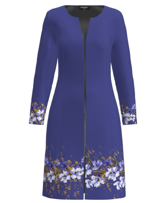 Jacheta de dama albastru violet lunga imprimata cu model floral CMD2599