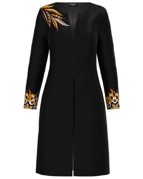 Jacheta de dama neagra lunga imprimata cu model floral CMD1282