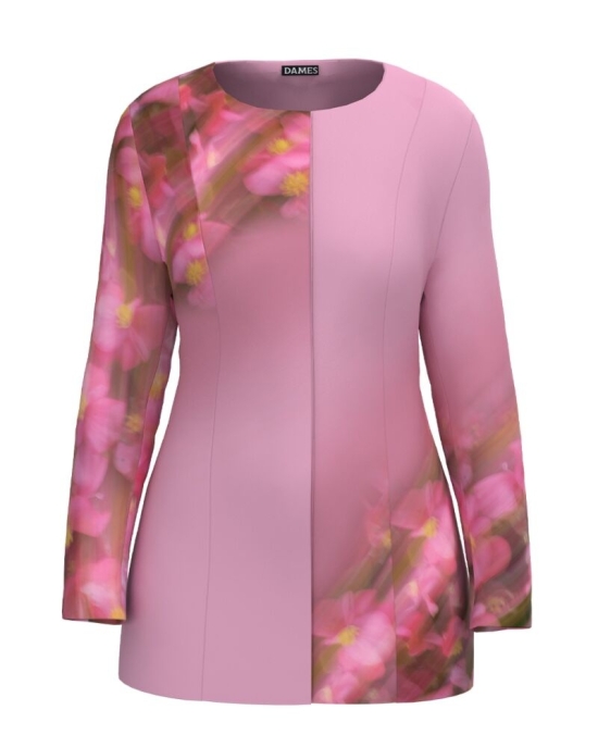 Jacheta de dama roz de lungime medie imprimata cu model floral CMD2303