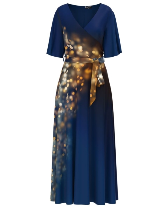 Rochie albastra lunga eleganta de seara imprimata sclipiri CMD1110