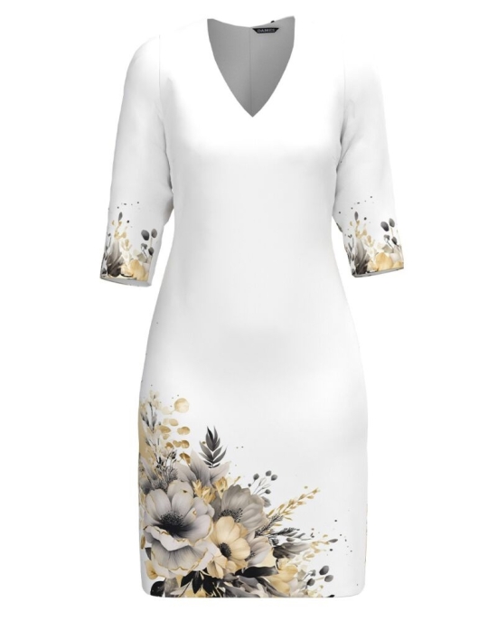 Rochie casual alba cu decolteu in V imprimata cu model floral CMD4819