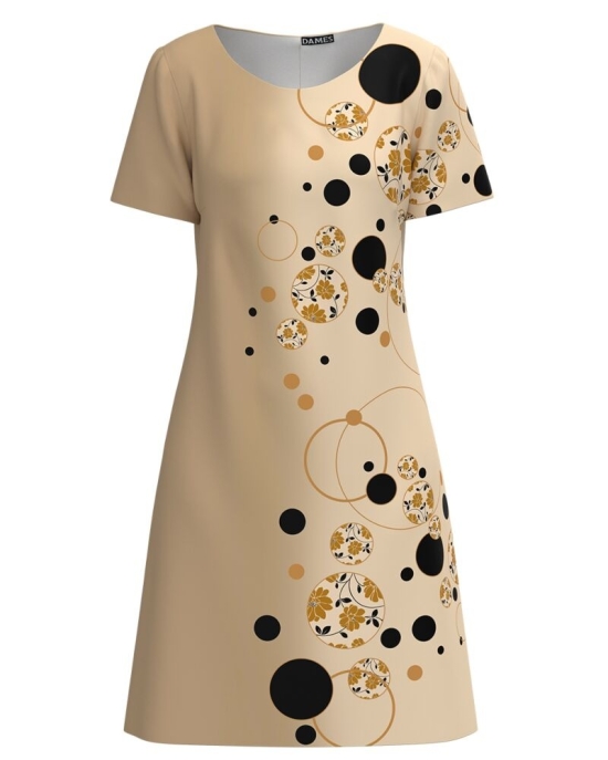 Rochie casual bej imprimata cu model geometric in contrast CMD2984