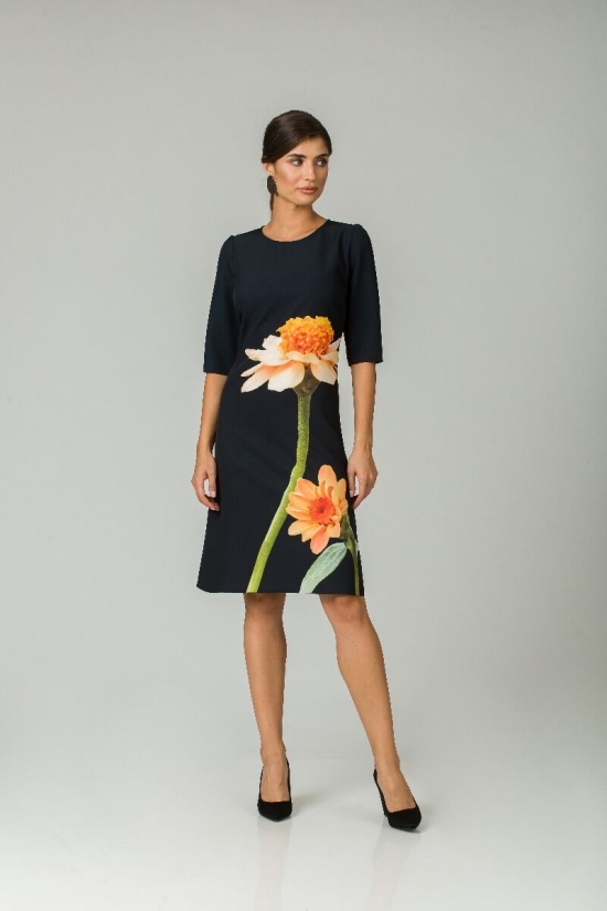 Rochie casual cu maneca imprimata digital floral Crizanteme CMD195