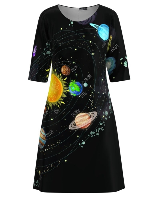 Rochie casual neagra imprimata Sistemul solar CMD3461