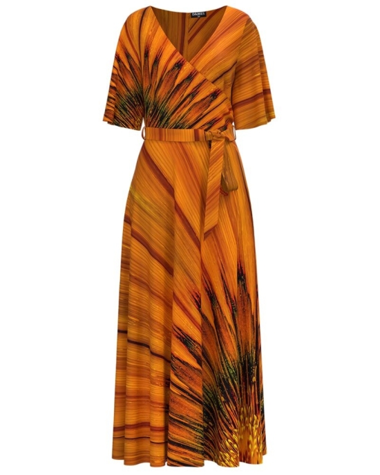 Rochie de seara lunga ocru imprimata digital cu model abstract CMD1033