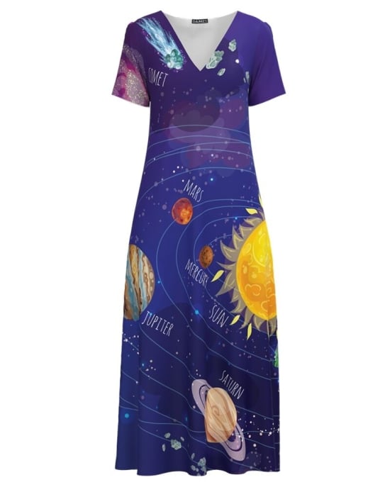 Rochie de vara lunga cu buzunare imprimata Sistemul solar