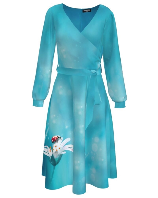 Rochie eleganta bleu cu maneca lunga imprimata Buburuza CMD2538