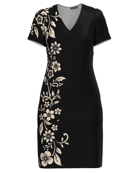 Rochie neagra casual cu decolteu in V imprimata cu model floral CMD4657