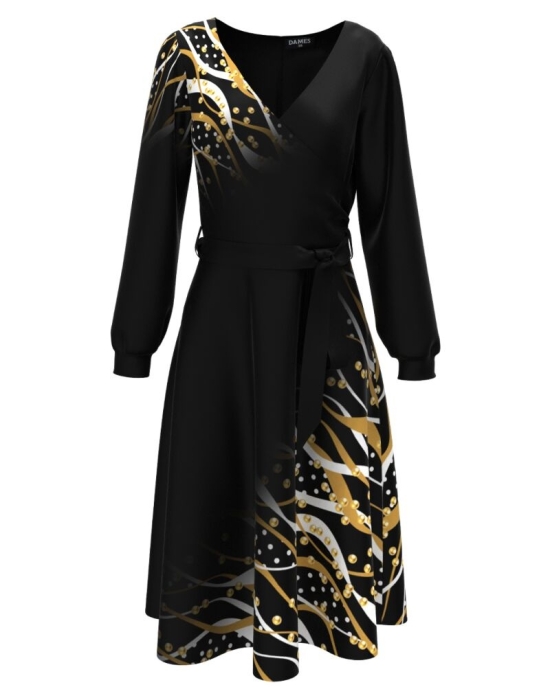 Rochie neagra eleganta cu maneca lunga imprimata cu model Abstract CMD3058