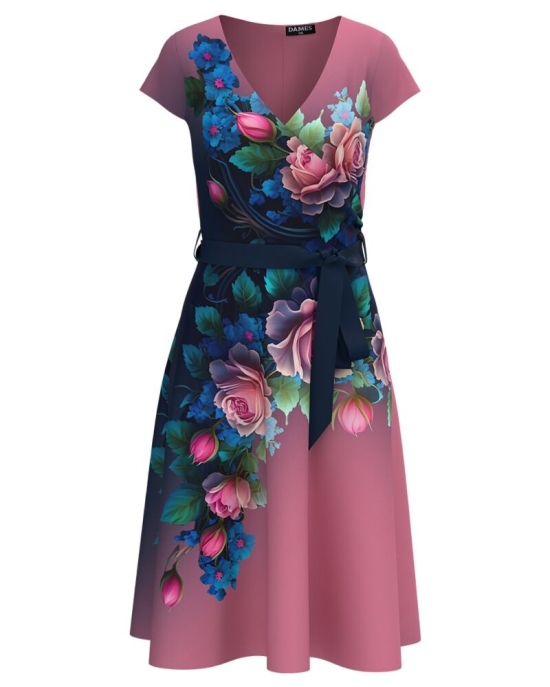 Rochie roz de vara cu maneca scurta imprimata cu model floral
