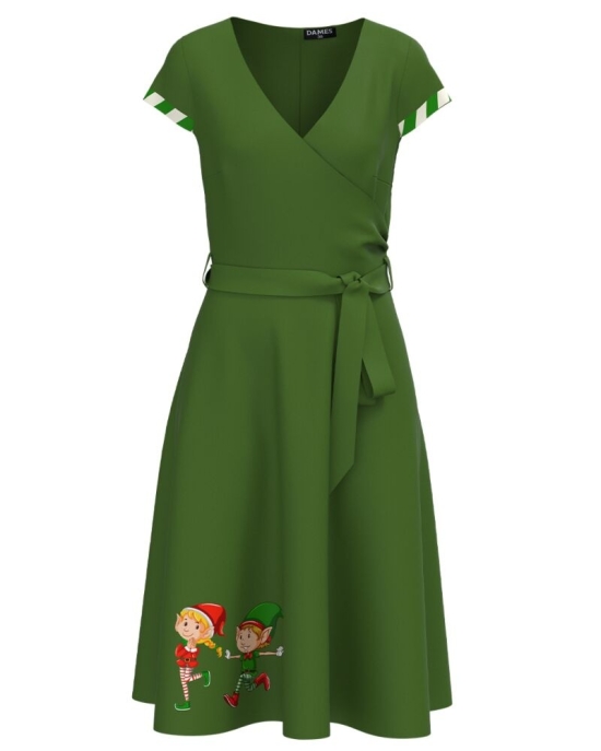 Rochie verde de vara cu maneca scurta imprimata cu model Spiridusi CMD3133