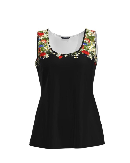Top casual negru imprimat cu model Flori de camp CMD775