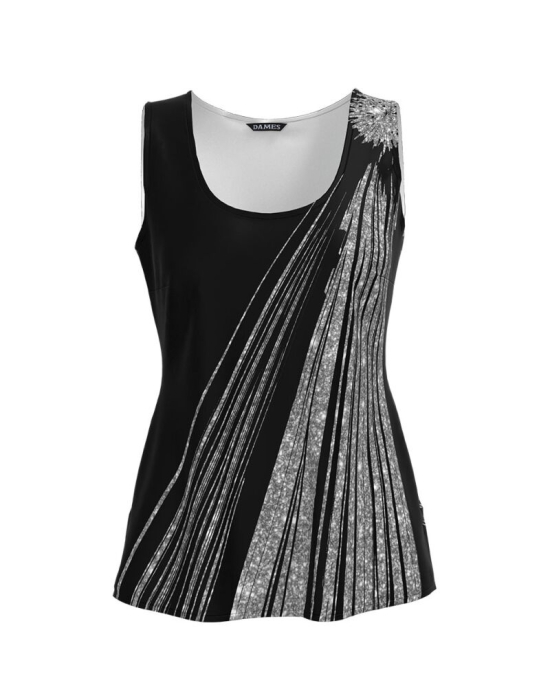 Top casual negru imprimat cu model grafic gri argintiu CMD2882