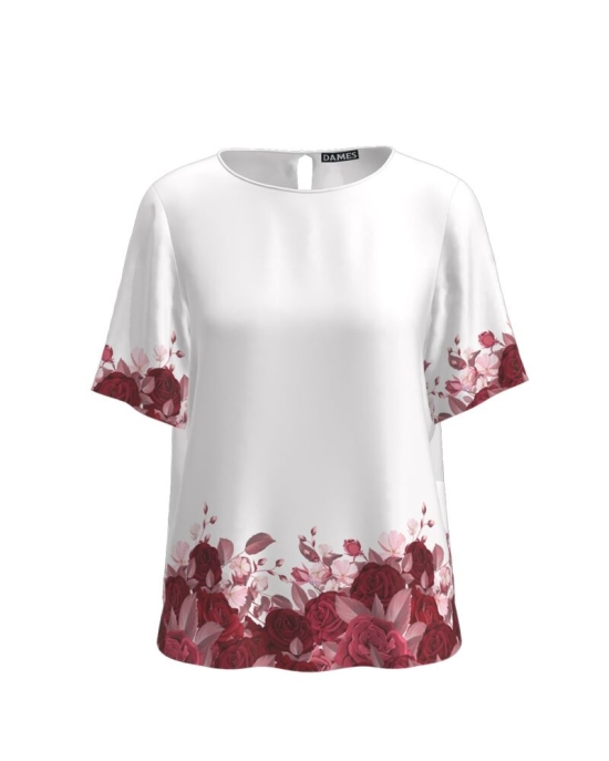 Bluza alba de vara cu maneca scurta si imprimeu trandafiri CMD756