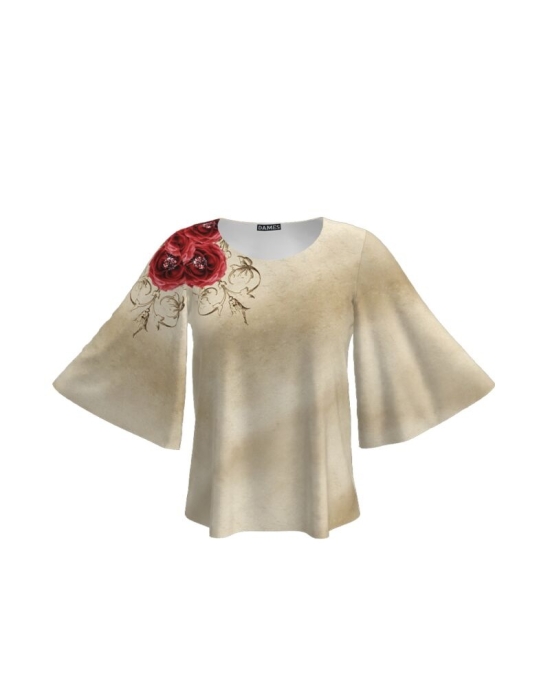Bluza bej cu imprimeu floral si maneci tip fluture CMD2827
