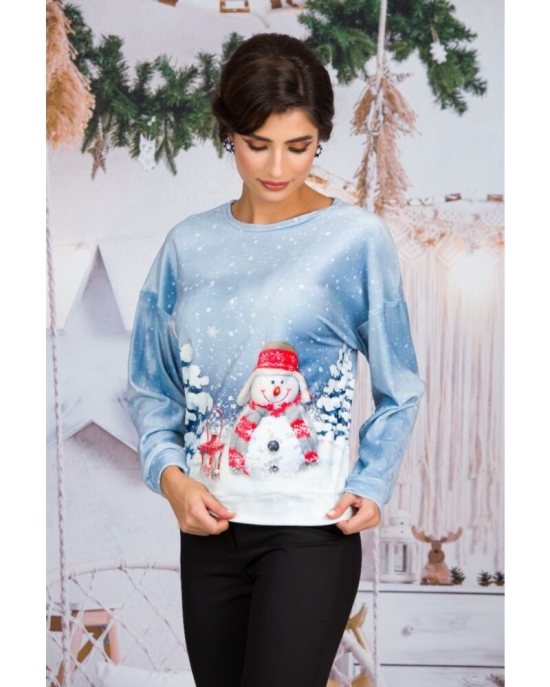 Bluza bleu tip hanorac din catifea cu imprimeu Om de zapada CMD1640