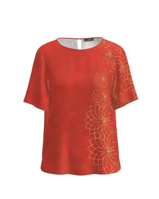 Bluza corai cu maneca scurta imprimata cu model floral CMD2783