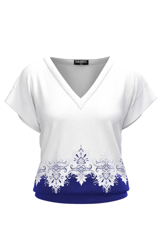 Bluza din catifea cu decolteu in V imprimata tranditional albastru