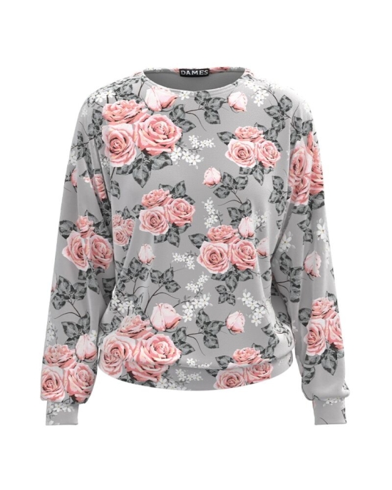 Bluza gri tip hanorac din catifea cu imprimeu trandafiri CMD1780