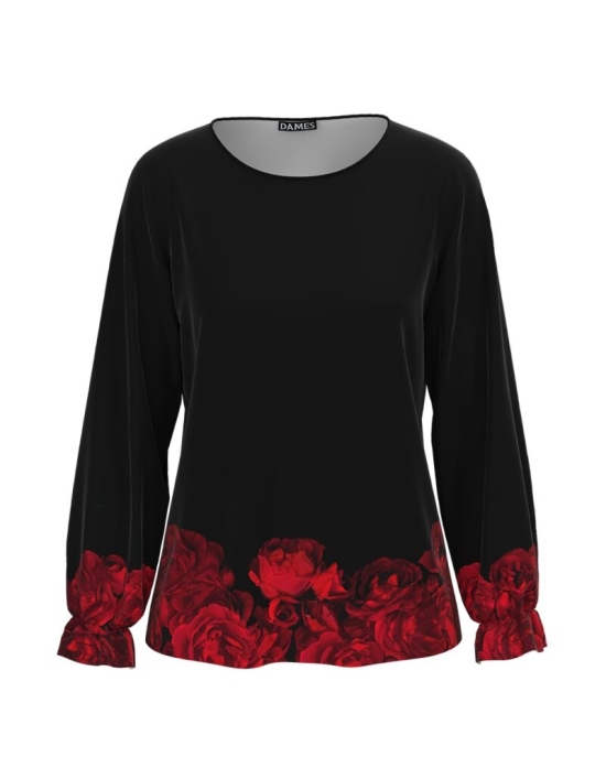 Bluza neagra cu maneca lunga imprimata cu model trandafiri CMD1828