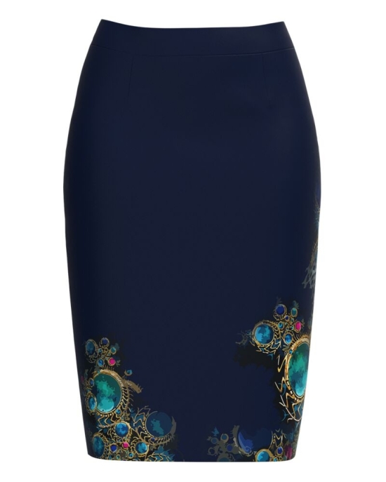 Fusta conica bleumarin imprimata cu accente turcoaz CMD2743