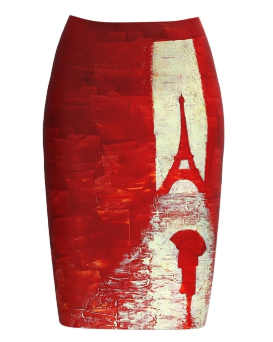 Fusta conica in nuante de rosu imprimata cu model Paris CMD3039