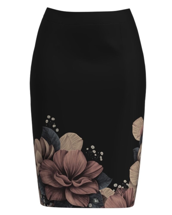 Fusta conica neagra imprimata cu model floral CMD2679