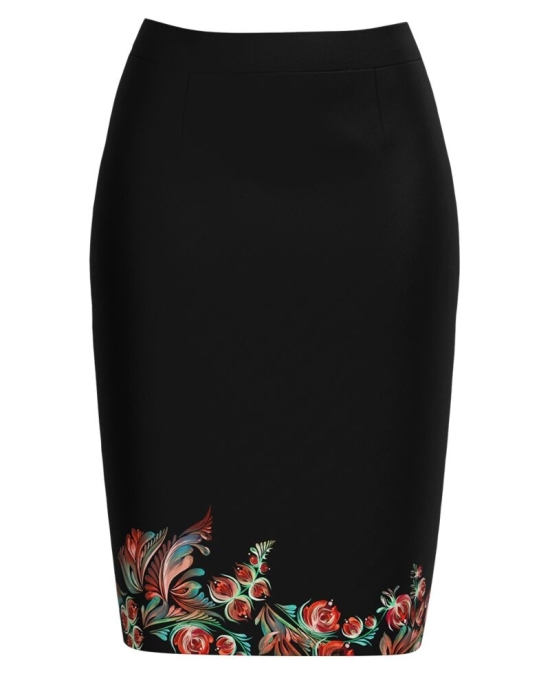 Fusta conica neagra imprimata cu model floral CMD3828