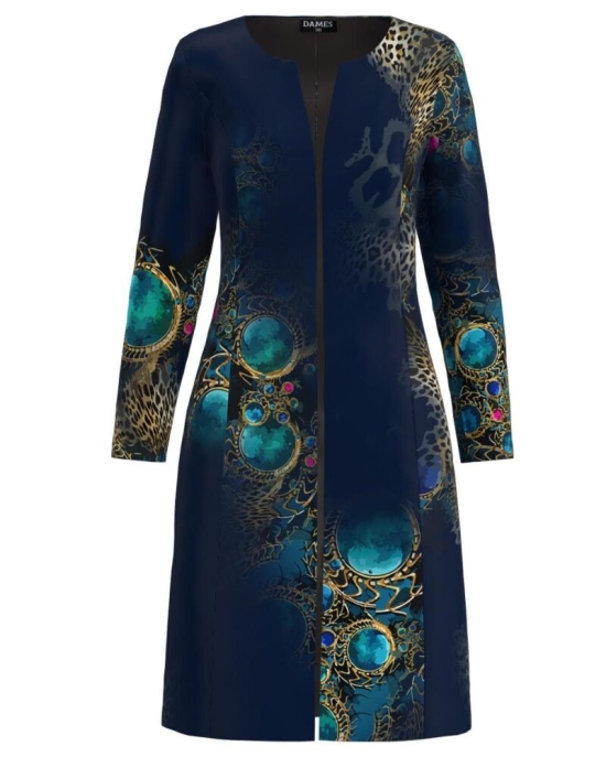 Jacheta de dama bleumarin lunga imprimata cu model turcoaz CMD3213