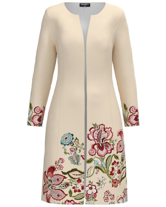 Jacheta de dama crem lunga imprimata cu model floral CMD1283