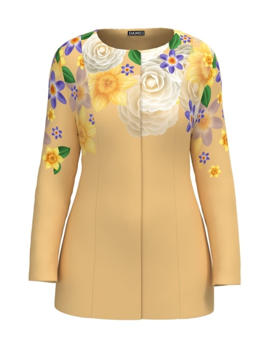 Jacheta de dama galbena de lungime medie imprimata cu model Floral CMD2314