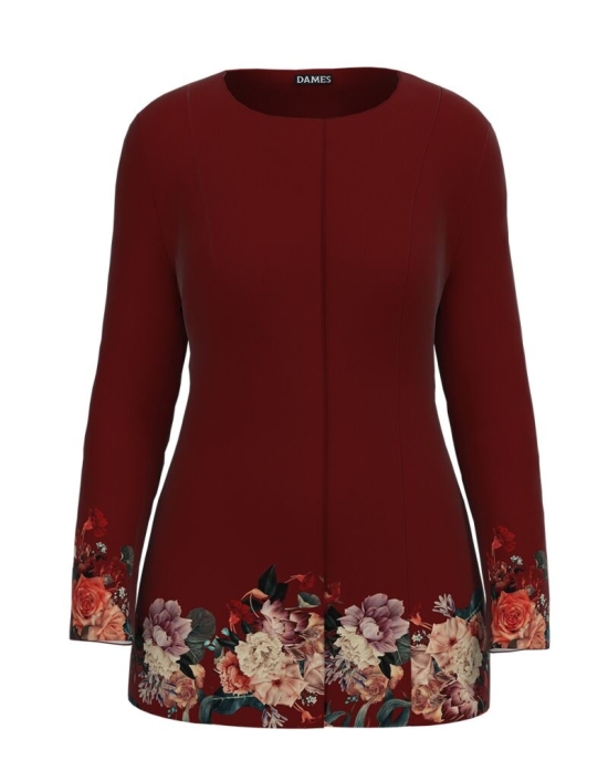 Jacheta de dama grena de lungime medie imprimata cu model Floral CMD3487