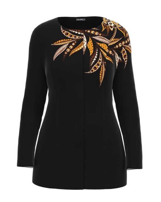 Jacheta de dama neagra de lungime medie imprimata cu model Floral CMD2325
