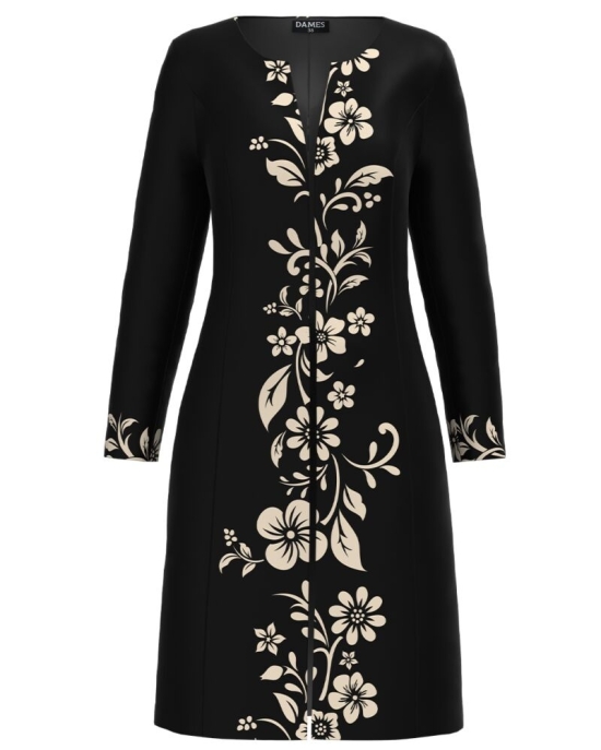 Jacheta de dama neagra lunga imprimata cu model floral CMD2466
