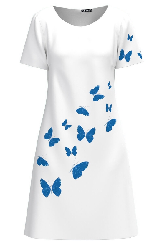 Rochie alba casual de vara cu maneca scurta imprimata fluturi CMD4631