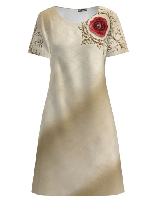 Rochie bej evazata imprimata cu model Floral CMD2663