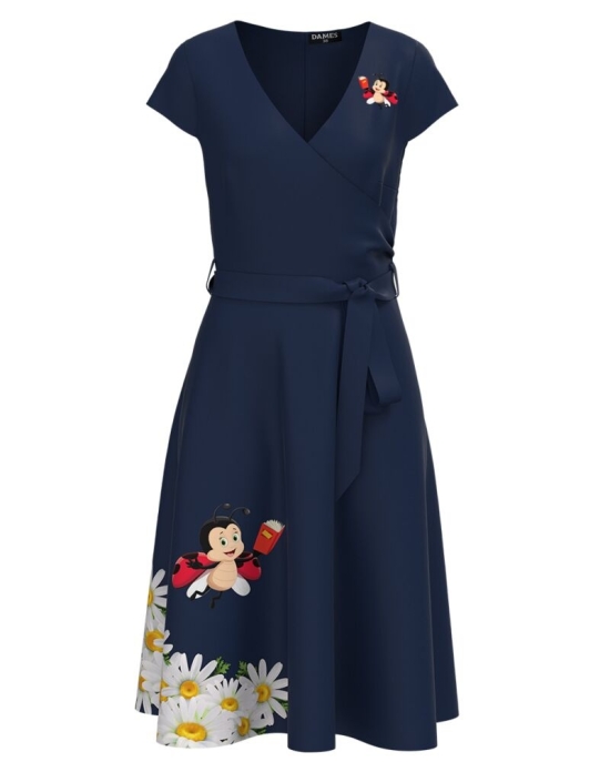 Rochie bleumarin de vara cu maneca scurta imprimata cu model Buburuza CMD3157