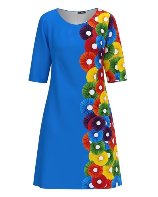 Rochie casual albastra imprimata cu model floral multicolor CMD3903
