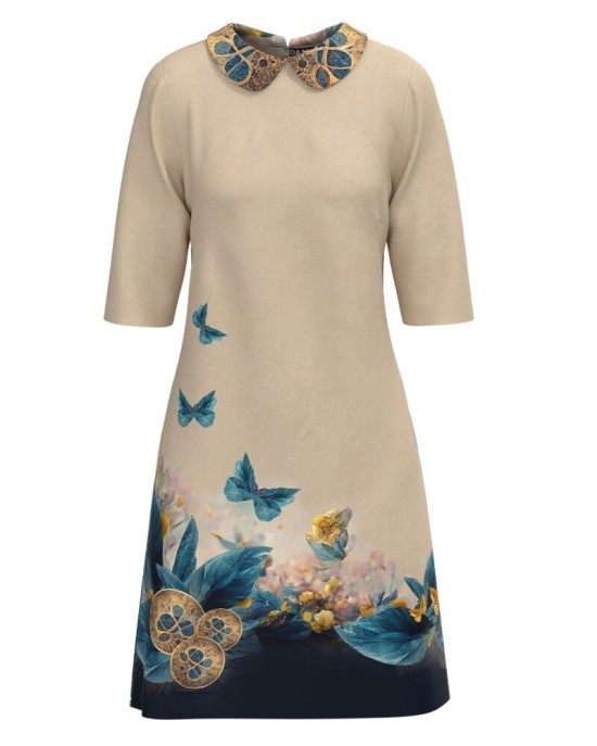 Rochie casual bej cu guler imprimata Fluturi CMD3637