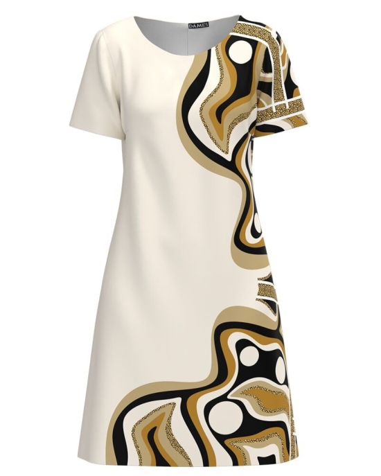Rochie casual crem imprimata cu model abstract in contrast CMD2986