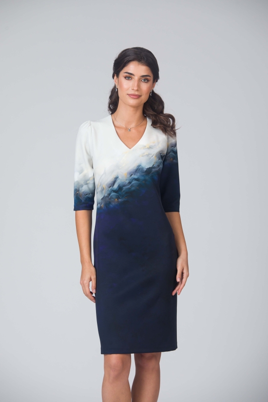 Rochie casual cu decolteu in V imprimata bleumarin in degrade