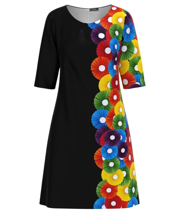 Rochie casual neagra imprimata cu model floral multicolor CMD3202