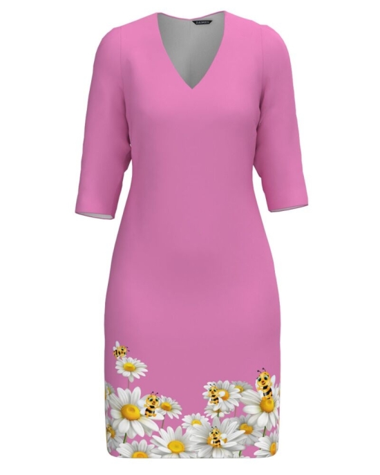 Rochie casual roz cu decolteu in V imprimata Albinute