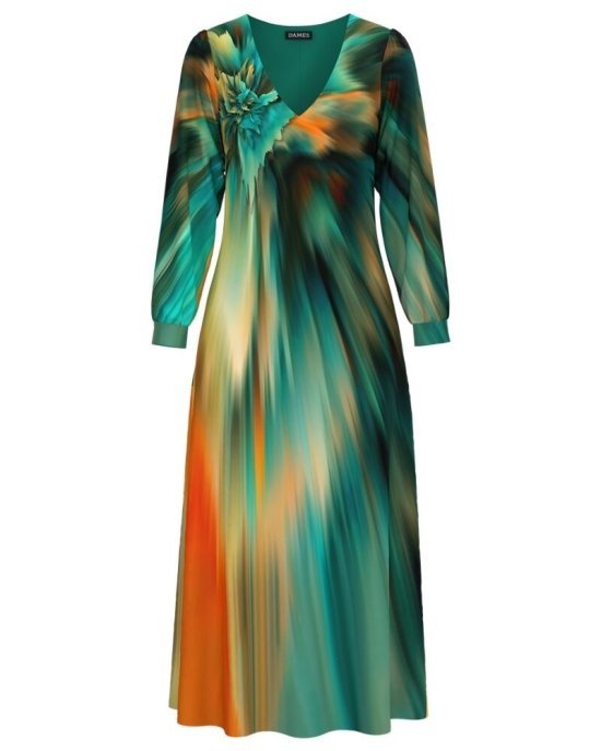 Rochie eleganta cu maneca lunga imprimata multicolor