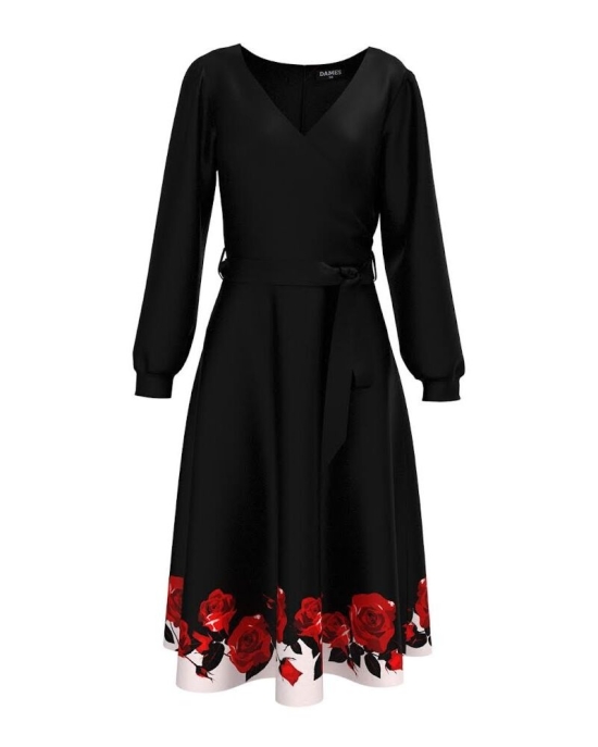 Rochie neagra cu maneca lunga imprimata trandafiri