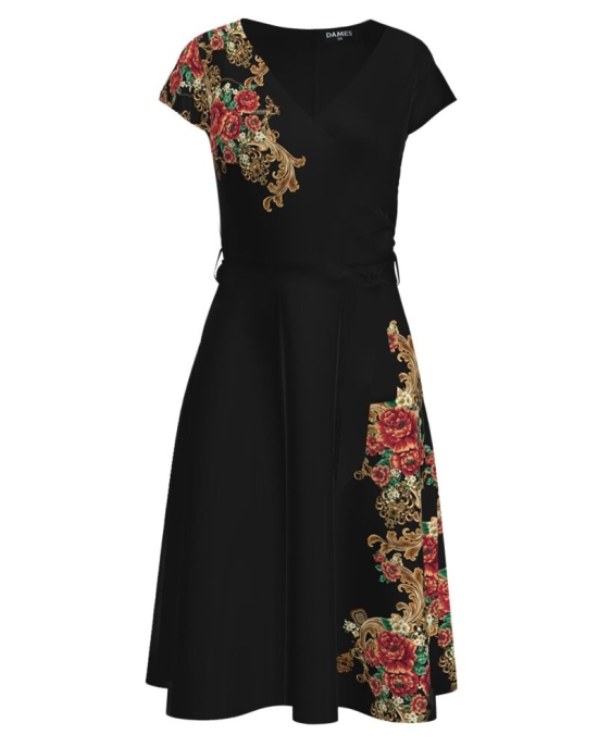 Rochie neagra de vara cu maneca scurta imprimata cu model floral