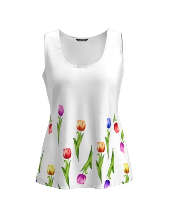 Top casual alb imprimat cu model Lalele CMD2549